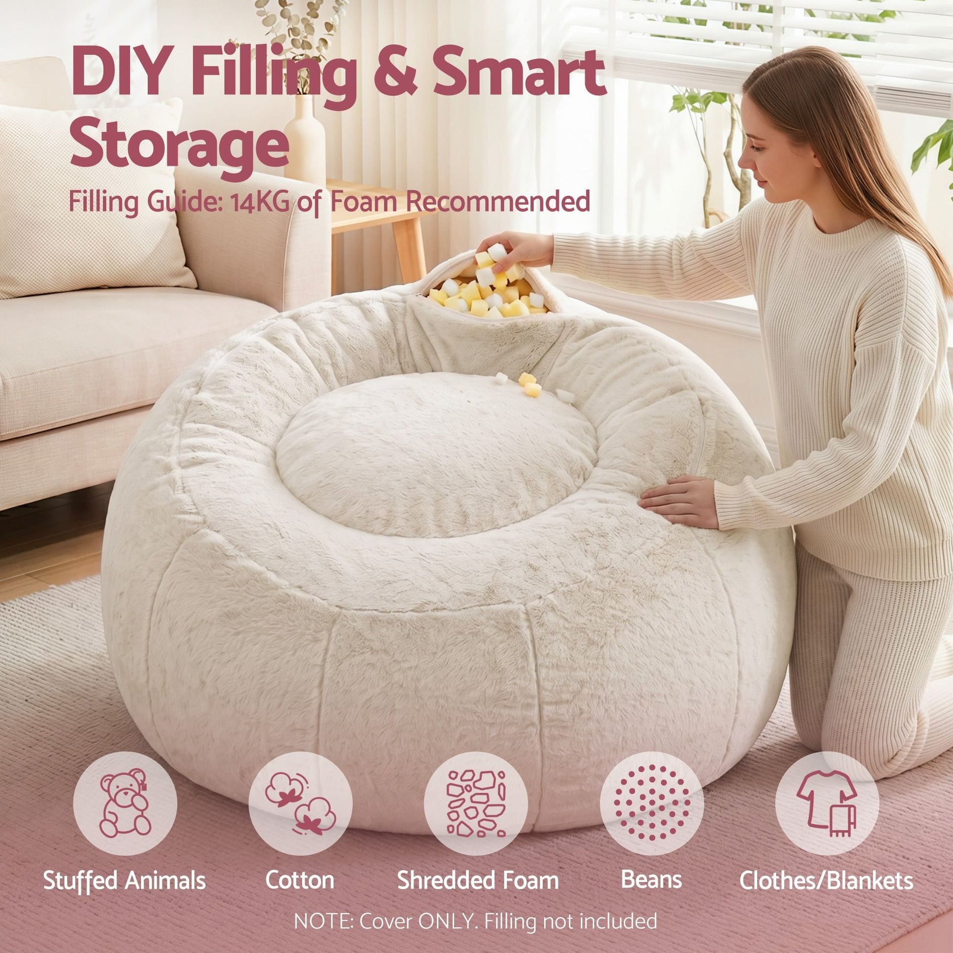 Alona.com.au Furniture > Sofas > Sofa Accessories Artiss Bean Bag Chair Cover (No Filler) Soft Faux Fur Beanbag Cover Large Round Stuffed Animal Storage Bean Bag Cover Washable Lazy Sofa Cover for Adults Kids Teens, Beige