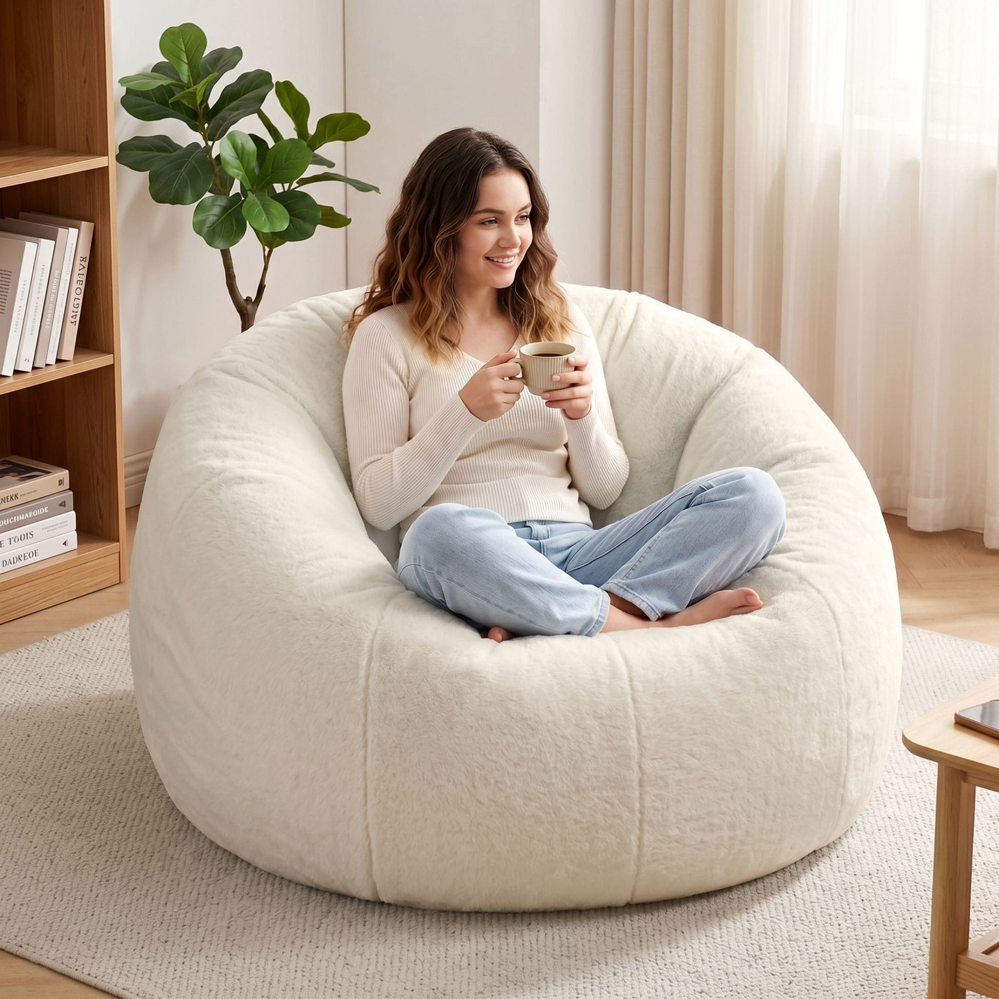 Alona.com.au Furniture > Sofas > Sofa Accessories Artiss Bean Bag Chair Cover (No Filler) Soft Faux Fur Beanbag Cover Large Round Stuffed Animal Storage Bean Bag Cover Washable Lazy Sofa Cover for Adults Kids Teens, Beige