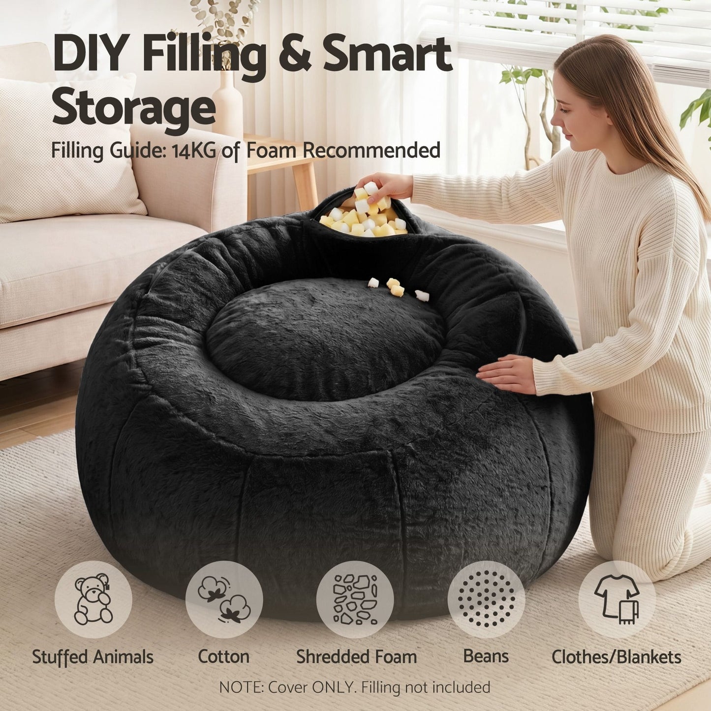 Alona.com.au Furniture > Sofas > Sofa Accessories Artiss Bean Bag Chair Cover (No Filler) Soft Faux Fur Beanbag Cover Large Round Stuffed Animal Storage Bean Bag Cover Washable Lazy Sofa Cover for Adults Kids Teens, Black