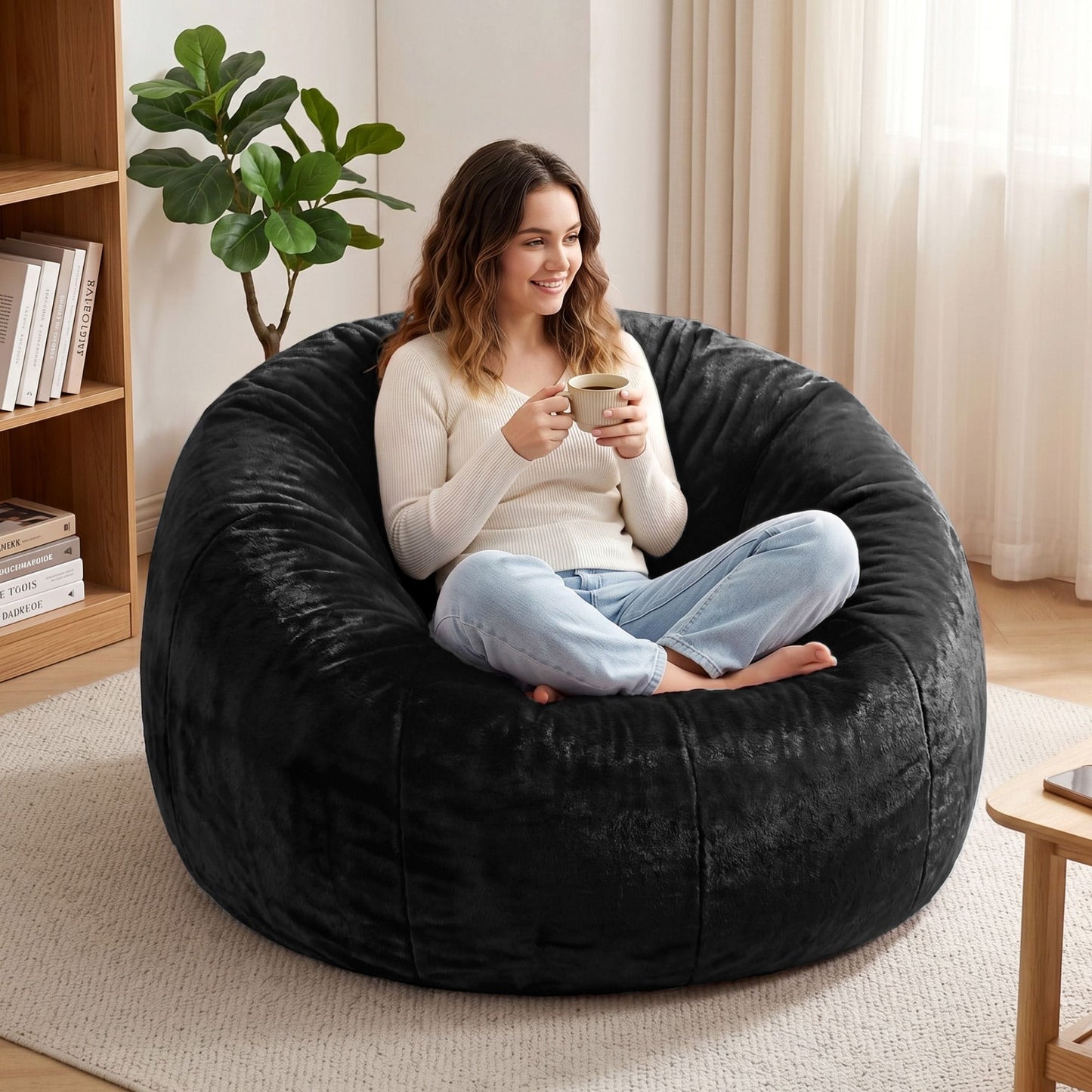 Alona.com.au Furniture > Sofas > Sofa Accessories Artiss Bean Bag Chair Cover (No Filler) Soft Faux Fur Beanbag Cover Large Round Stuffed Animal Storage Bean Bag Cover Washable Lazy Sofa Cover for Adults Kids Teens, Black