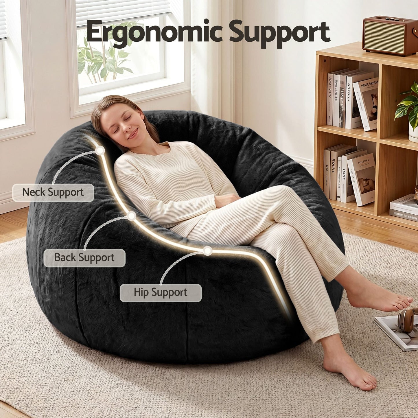 Alona.com.au Furniture > Sofas > Sofa Accessories Artiss Bean Bag Chair Cover (No Filler) Soft Faux Fur Beanbag Cover Large Round Stuffed Animal Storage Bean Bag Cover Washable Lazy Sofa Cover for Adults Kids Teens, Black