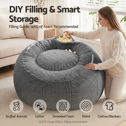 Alona.com.au Furniture > Sofas > Sofa Accessories Artiss Bean Bag Chair Cover (No Filler) Soft Faux Fur Beanbag Cover Large Round Stuffed Animal Storage Bean Bag Cover Washable Lazy Sofa Cover for Adults Kids Teens, Grey