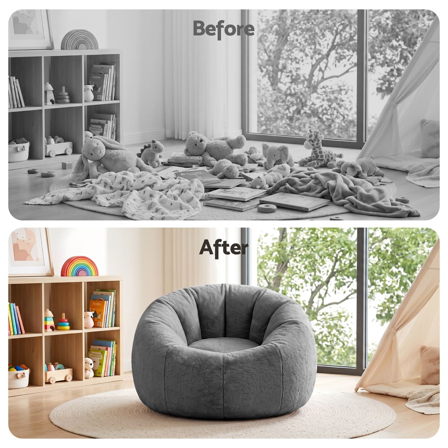 Alona.com.au Furniture > Sofas > Sofa Accessories Artiss Bean Bag Chair Cover (No Filler) Soft Faux Fur Beanbag Cover Large Round Stuffed Animal Storage Bean Bag Cover Washable Lazy Sofa Cover for Adults Kids Teens, Grey