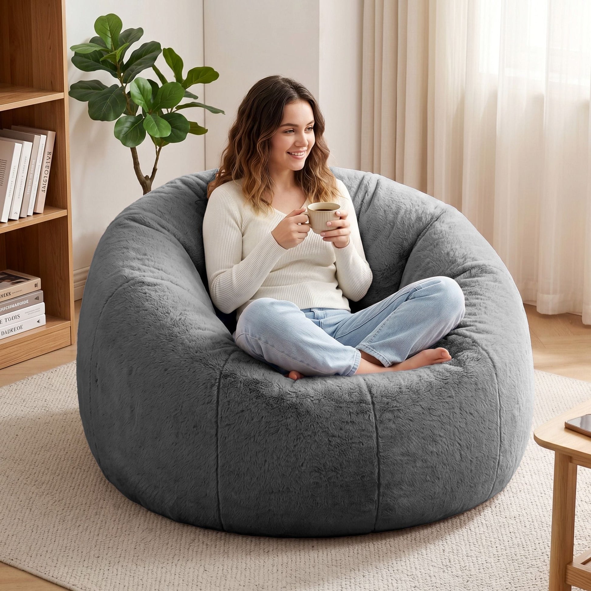 Alona.com.au Furniture > Sofas > Sofa Accessories Artiss Bean Bag Chair Cover (No Filler) Soft Faux Fur Beanbag Cover Large Round Stuffed Animal Storage Bean Bag Cover Washable Lazy Sofa Cover for Adults Kids Teens, Grey