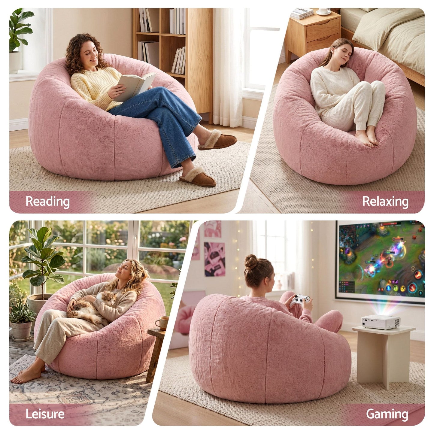 Alona.com.au Furniture > Sofas > Sofa Accessories Artiss Bean Bag Chair Cover (No Filler) Soft Faux Fur Beanbag Cover Large Round Stuffed Animal Storage Bean Bag Cover Washable Lazy Sofa Cover for Adults Kids Teens, Pink