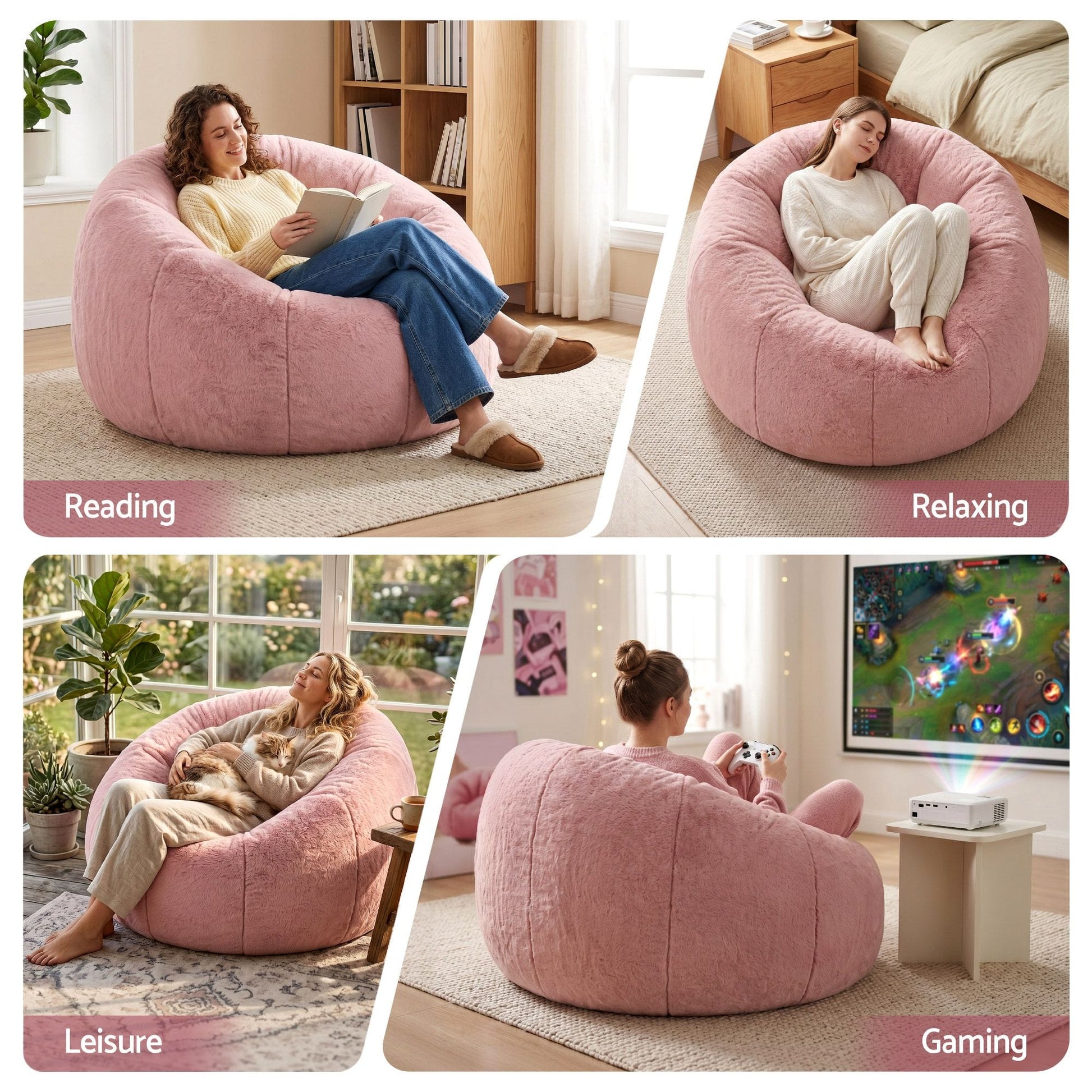 Alona.com.au Furniture > Sofas > Sofa Accessories Artiss Bean Bag Chair Cover (No Filler) Soft Faux Fur Beanbag Cover Large Round Stuffed Animal Storage Bean Bag Cover Washable Lazy Sofa Cover for Adults Kids Teens, Pink