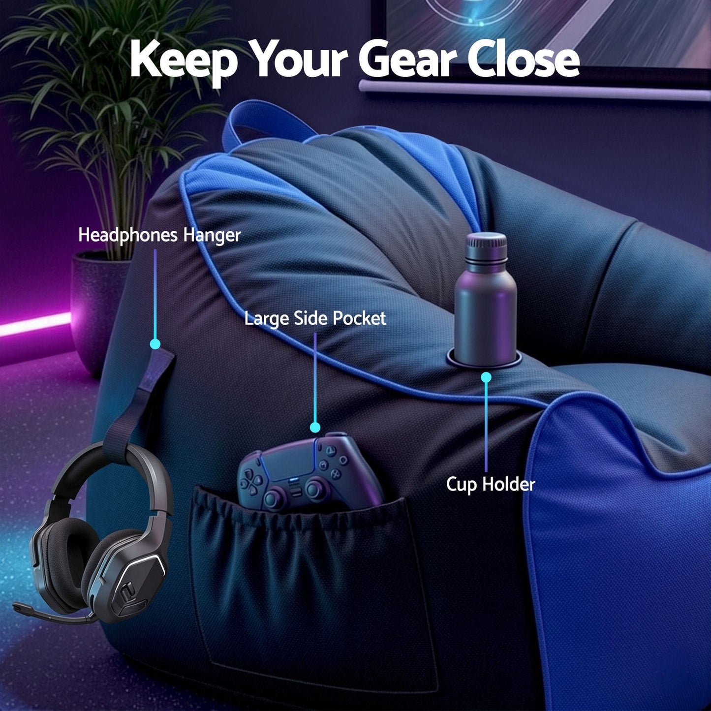 Alona.com.au Furniture > Sofas > Sofa Accessories Artiss Gaming Bean Bag Chair Cover (No Filler) for Adults Teens Kids Splash-Proof Floor Gaming Chair Cover with Side Pockets, Headphone Hanger, Cup Holder, Bean Bag Cover Only