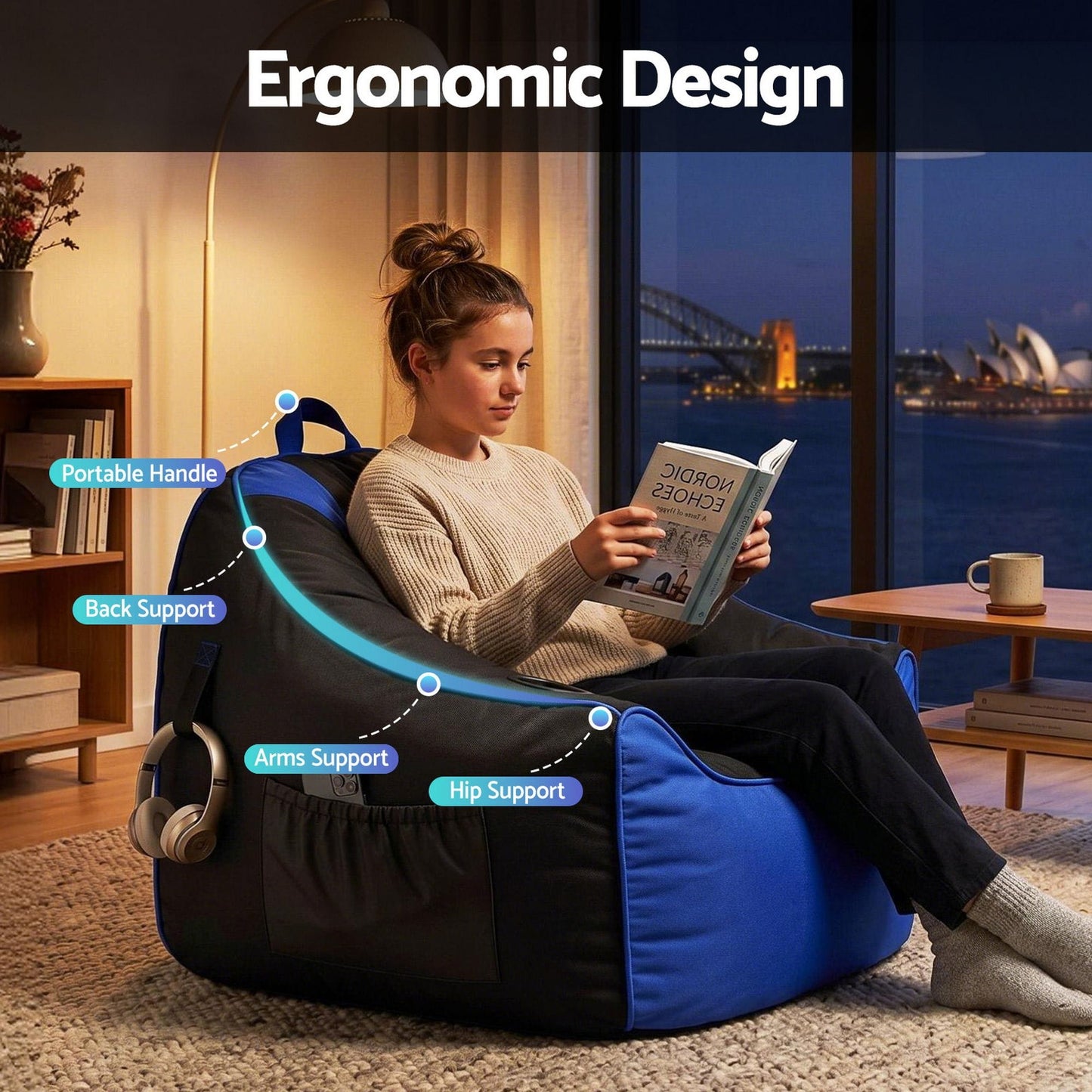 Alona.com.au Furniture > Sofas > Sofa Accessories Artiss Gaming Bean Bag Chair Cover (No Filler) for Adults Teens Kids Splash-Proof Floor Gaming Chair Cover with Side Pockets, Headphone Hanger, Cup Holder, Bean Bag Cover Only