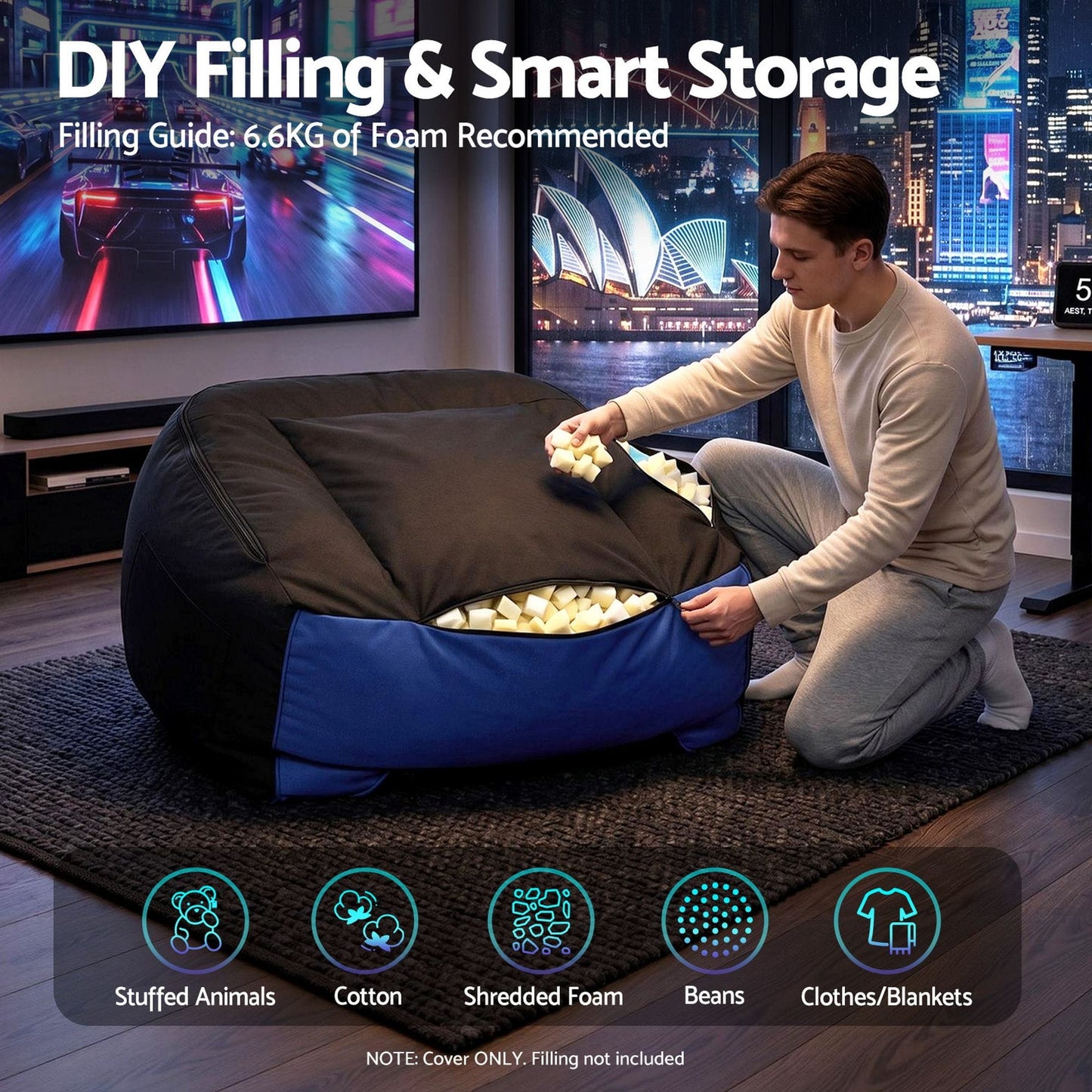 Alona.com.au Furniture > Sofas > Sofa Accessories Artiss Gaming Bean Bag Chair Cover (No Filler) for Adults Teens Kids Splash-Proof Floor Gaming Chair Cover with Side Pockets, Headphone Hanger, Cup Holder, Bean Bag Cover Only
