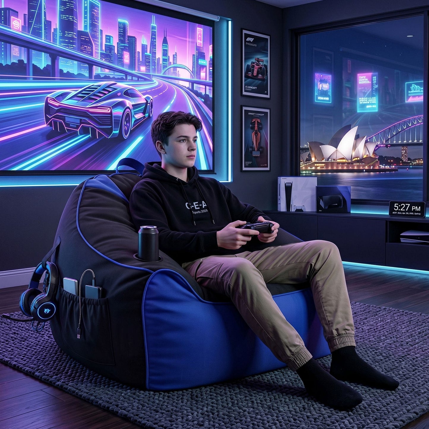 Alona.com.au Furniture > Sofas > Sofa Accessories Artiss Gaming Bean Bag Chair Cover (No Filler) for Adults Teens Kids Splash-Proof Floor Gaming Chair Cover with Side Pockets, Headphone Hanger, Cup Holder, Bean Bag Cover Only