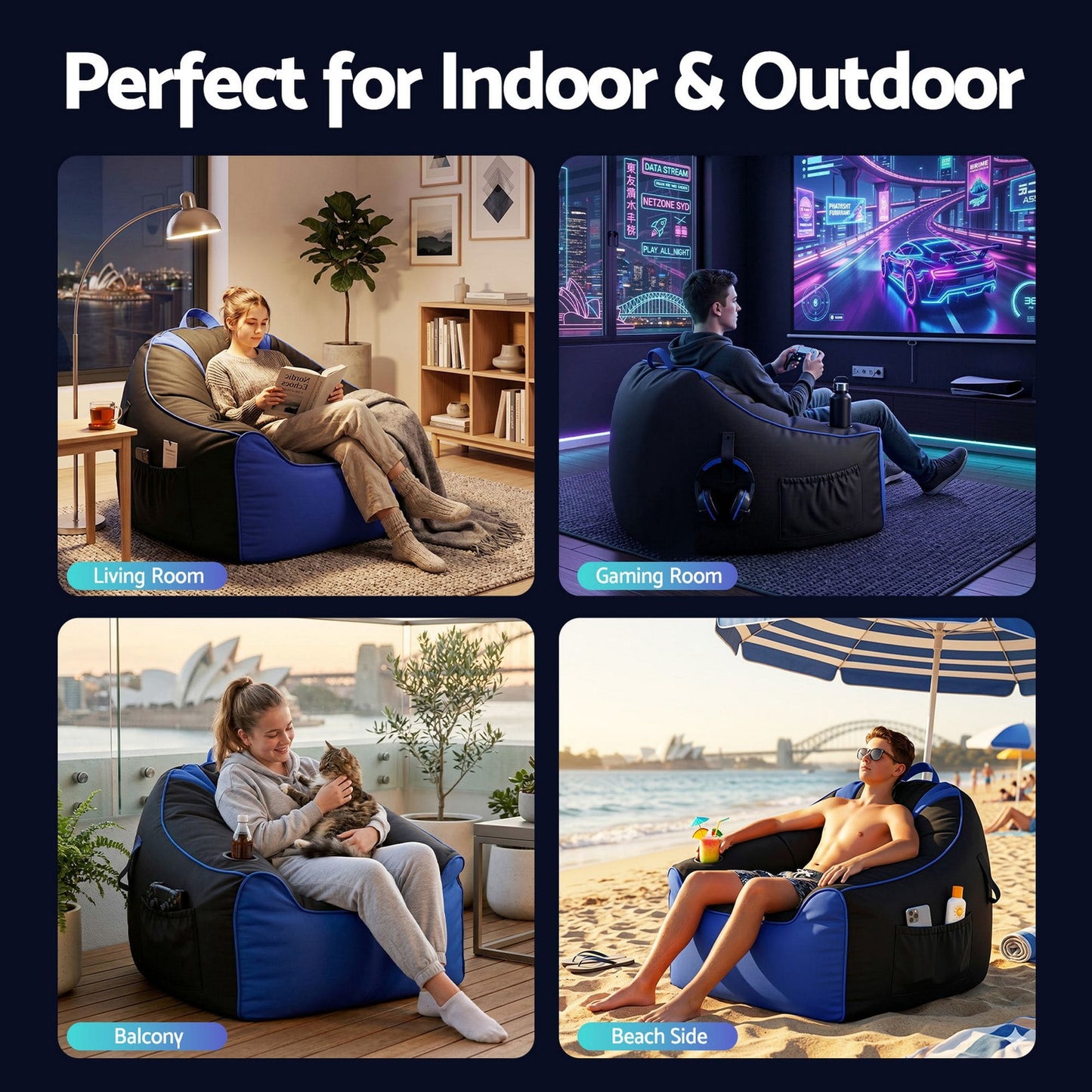 Alona.com.au Furniture > Sofas > Sofa Accessories Artiss Gaming Bean Bag Chair Cover (No Filler) for Adults Teens Kids Splash-Proof Floor Gaming Chair Cover with Side Pockets, Headphone Hanger, Cup Holder, Bean Bag Cover Only