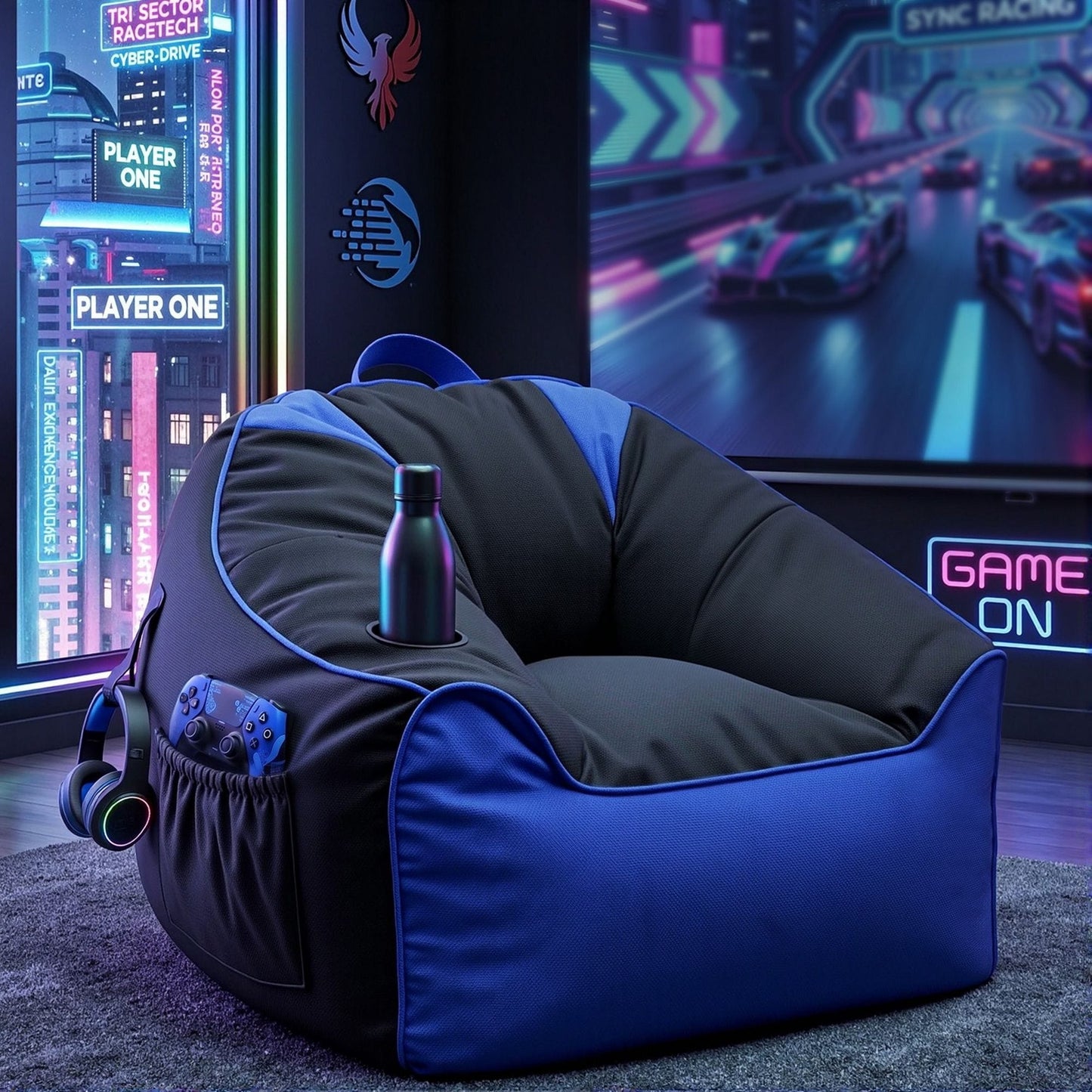 Alona.com.au Furniture > Sofas > Sofa Accessories Artiss Gaming Bean Bag Chair Cover (No Filler) for Adults Teens Kids Splash-Proof Floor Gaming Chair Cover with Side Pockets, Headphone Hanger, Cup Holder, Bean Bag Cover Only