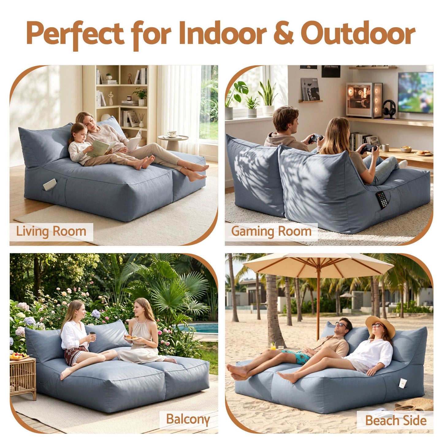Alona.com.au Furniture > Sofas > Sofa Accessories Artiss Outdoor Bean Bag Chair Cover (No Filler) 2 Seater Beanbag Lounge Sofacover Adults Splash-Proof Large Bean Bag Cover for Patio Poolside Relaxing Indoor, Grey