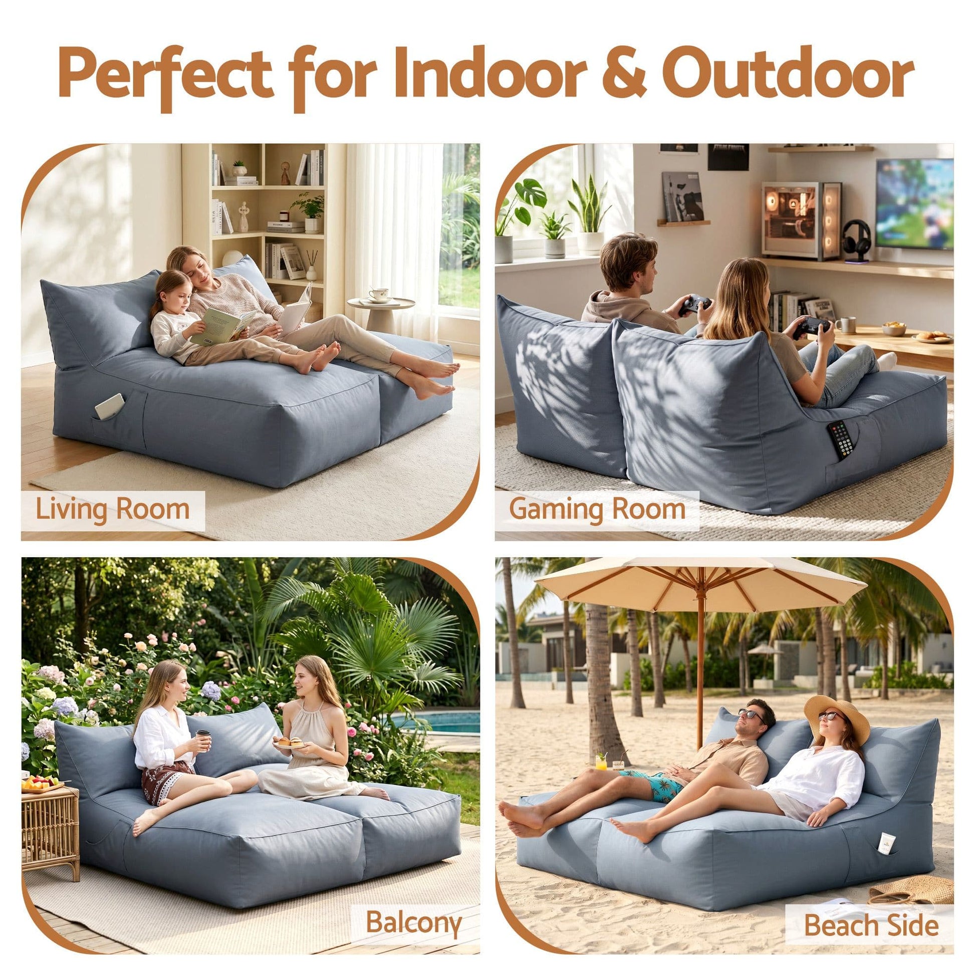 Alona.com.au Furniture > Sofas > Sofa Accessories Artiss Outdoor Bean Bag Chair Cover (No Filler) 2 Seater Beanbag Lounge Sofacover Adults Splash-Proof Large Bean Bag Cover for Patio Poolside Relaxing Indoor, Grey