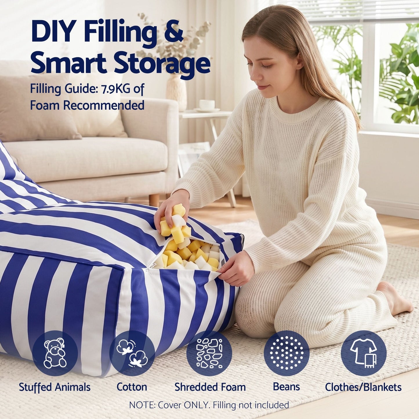 Alona.com.au Furniture > Sofas > Sofa Accessories Artiss Outdoor Bean Bag Chair Cover (No Filler) Splash-Proof Beanbag Lounge Sofacover Stuffed Animal Storage Bean Bag Cover for Patio Poolside Relaxing, Blue