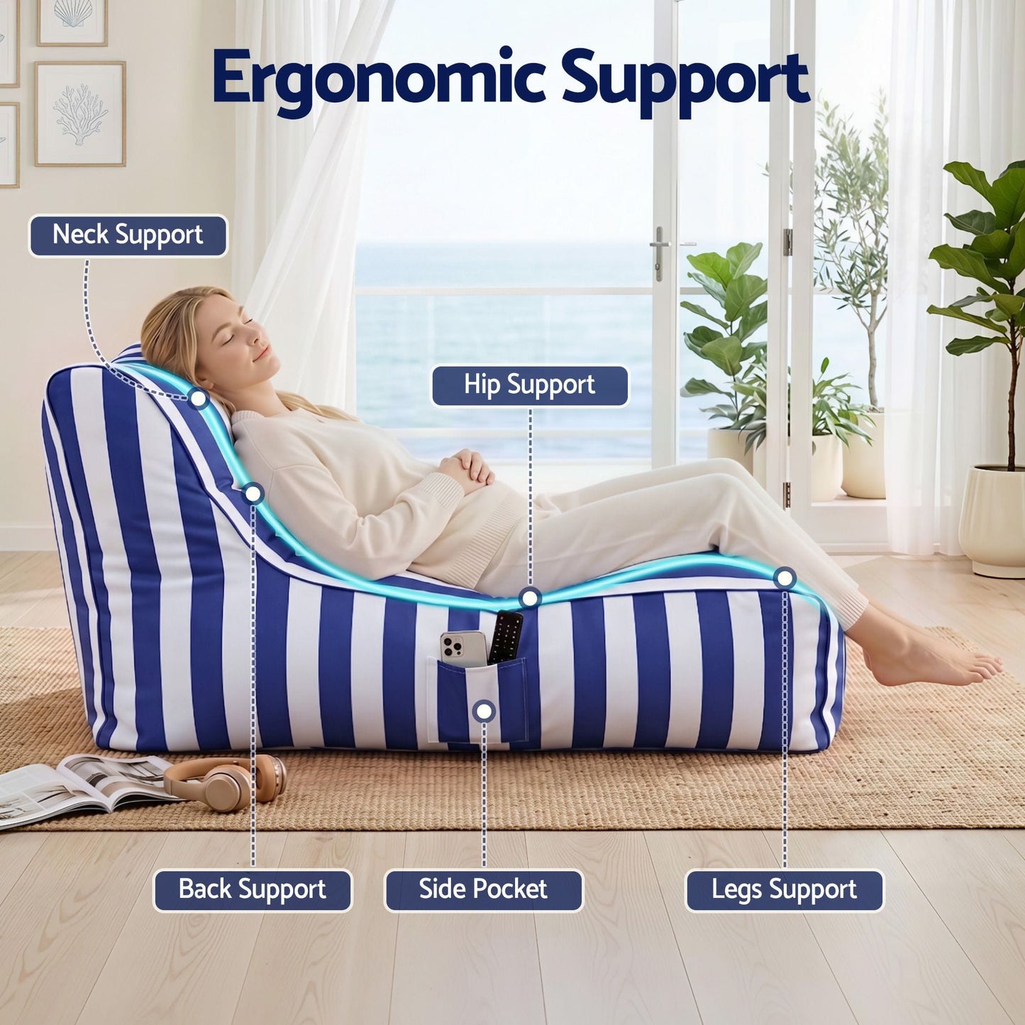 Alona.com.au Furniture > Sofas > Sofa Accessories Artiss Outdoor Bean Bag Chair Cover (No Filler) Splash-Proof Beanbag Lounge Sofacover Stuffed Animal Storage Bean Bag Cover for Patio Poolside Relaxing, Blue