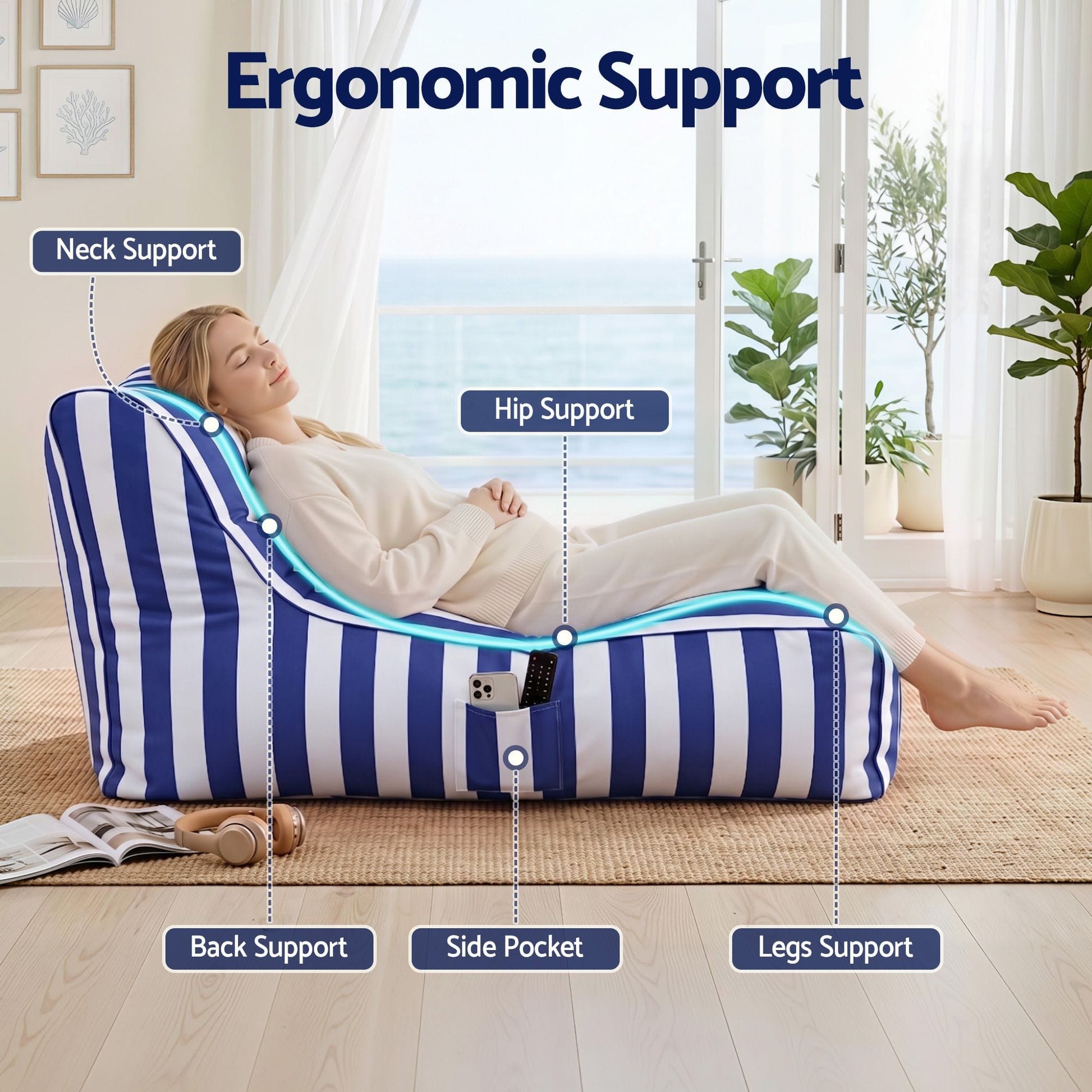Alona.com.au Furniture > Sofas > Sofa Accessories Artiss Outdoor Bean Bag Chair Cover (No Filler) Splash-Proof Beanbag Lounge Sofacover Stuffed Animal Storage Bean Bag Cover for Patio Poolside Relaxing, Blue