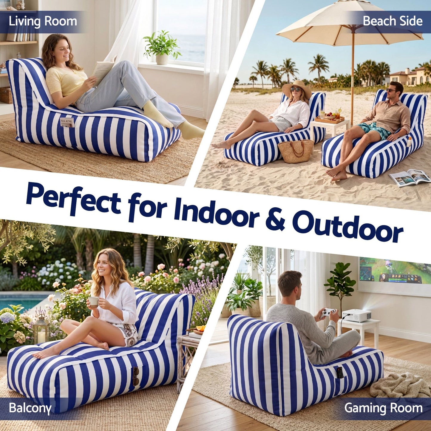 Alona.com.au Furniture > Sofas > Sofa Accessories Artiss Outdoor Bean Bag Chair Cover (No Filler) Splash-Proof Beanbag Lounge Sofacover Stuffed Animal Storage Bean Bag Cover for Patio Poolside Relaxing, Blue