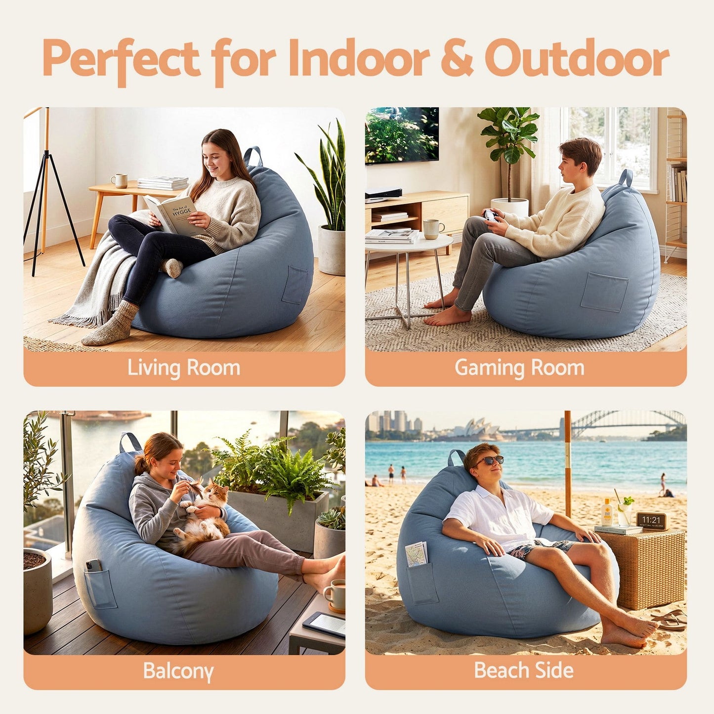 Alona.com.au Furniture > Sofas > Sofa Accessories Artiss Outdoor Bean Bag Chair Cover (No Filler) Splash-Proof Beanbag Sofacover for Adults Teens Kids Stuffable Bean Bag Cover for Patio Poolside Relaxing, Grey