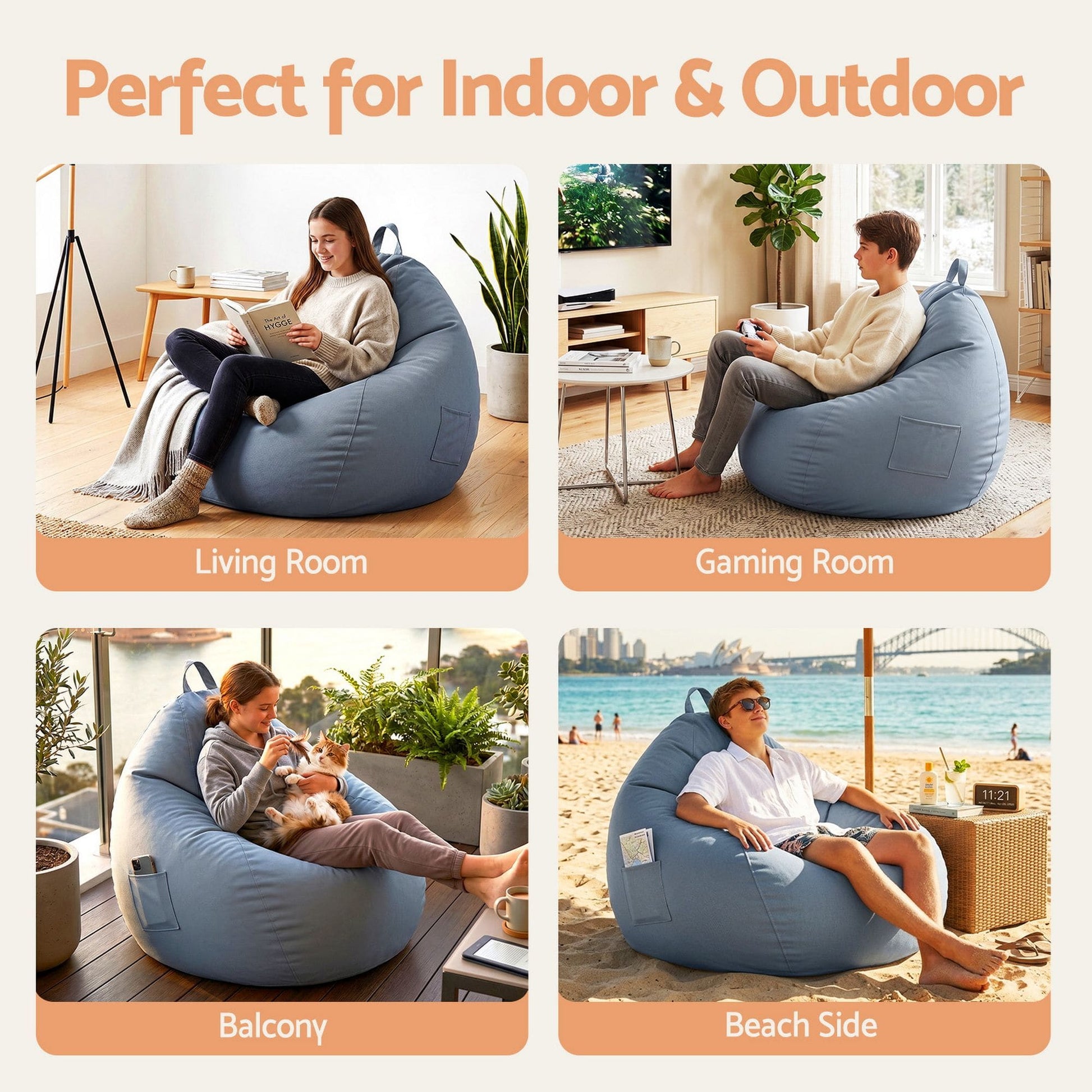 Alona.com.au Furniture > Sofas > Sofa Accessories Artiss Outdoor Bean Bag Chair Cover (No Filler) Splash-Proof Beanbag Sofacover for Adults Teens Kids Stuffable Bean Bag Cover for Patio Poolside Relaxing, Grey