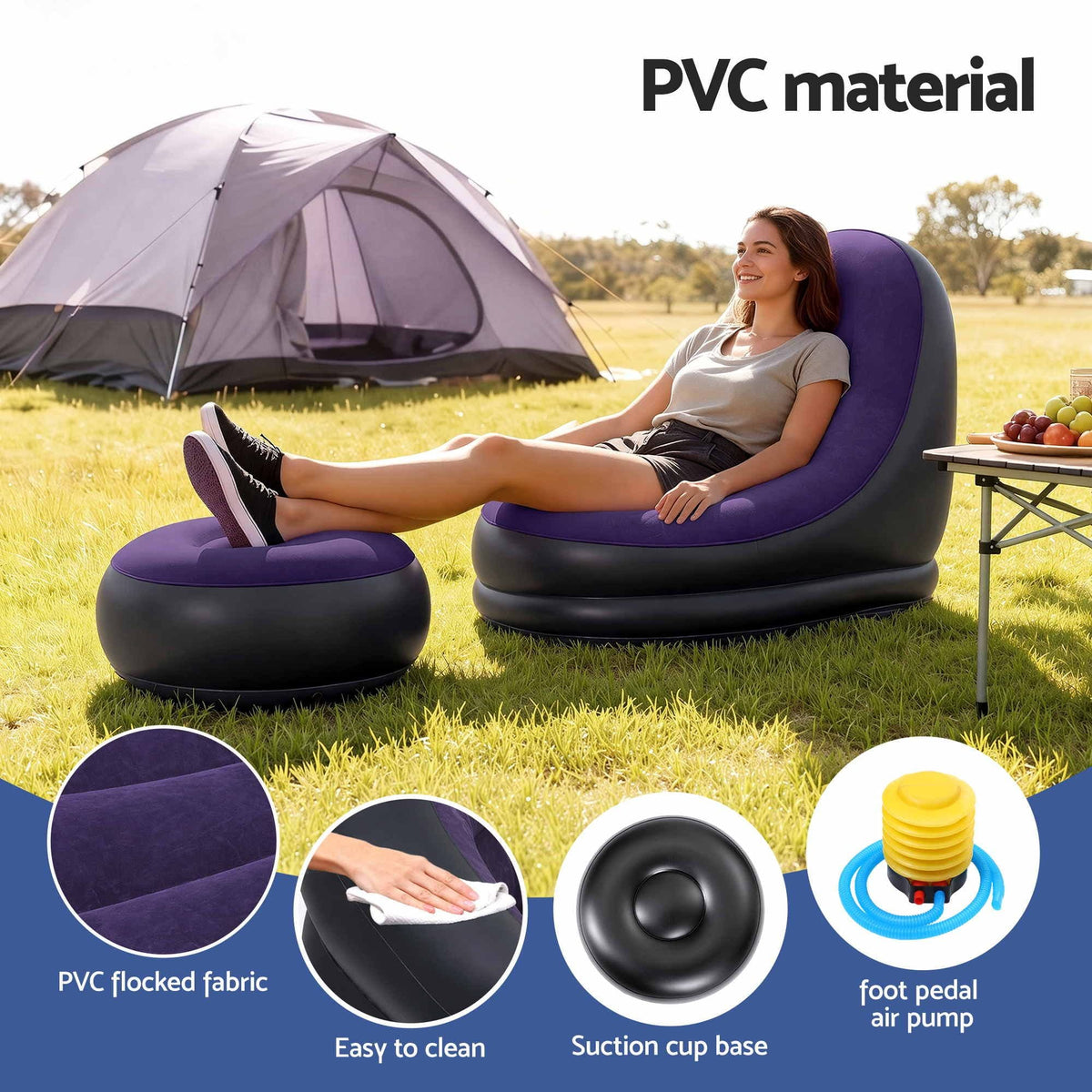 Alona.com.au Furniture > Sofas > Sofas & Sofa Beds Gardeon Inflatable Chair with Ottoman Air Sofa Blow Up Air Chair for Camping with Pump Purple