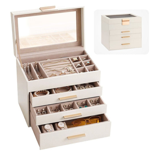 Alona.com.au Health & Beauty > Cosmetic Storage > Makeup Organisation & Storage Embellir Jewellery Box 4 Layer Organiser Storage Case Glass Lid Drawers White