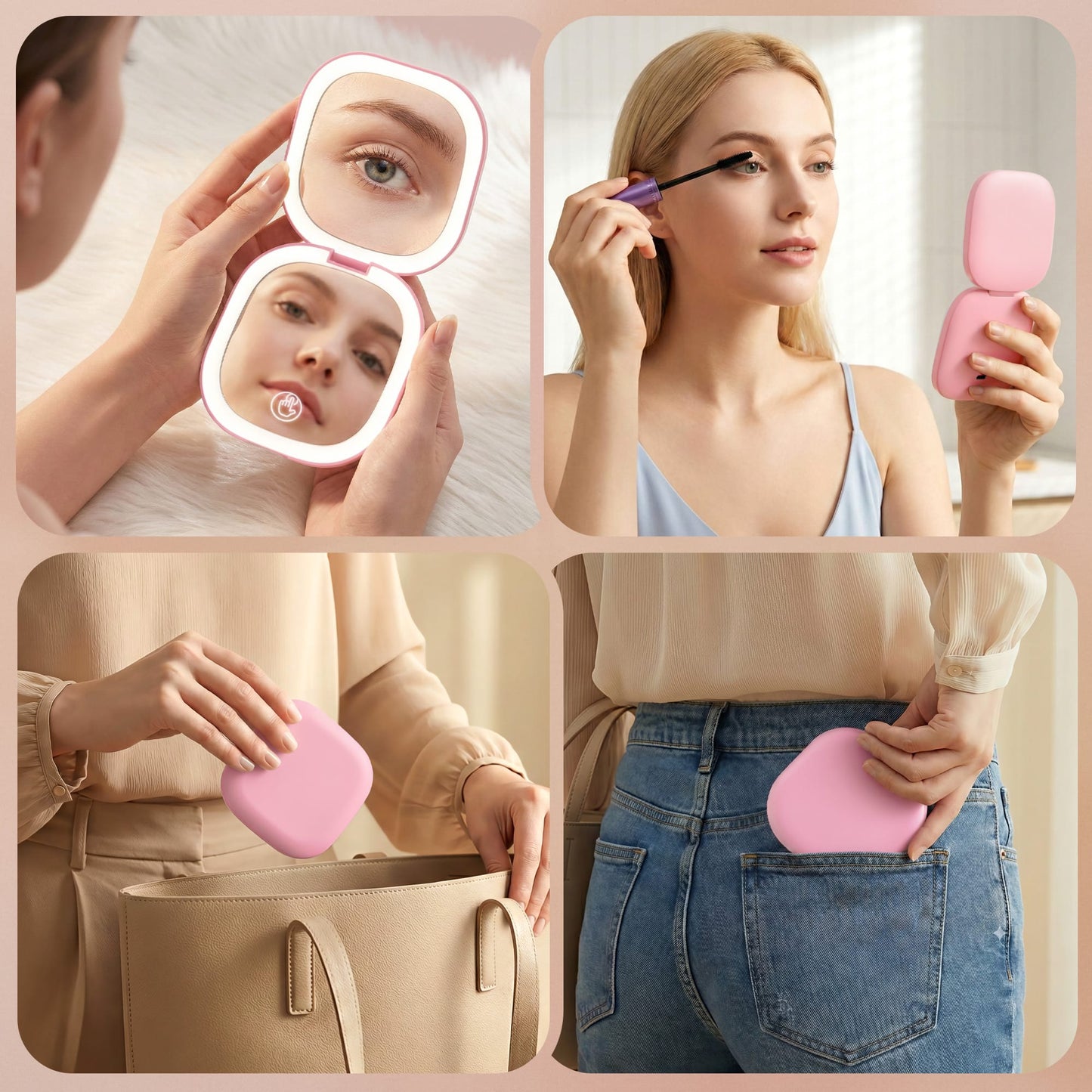 Alona.com.au Health & Beauty > Makeup > Makeup Mirrors Embellir LED Compact Mirror Lighted Travel Makeup Mirror Pocket-Sized 1x 10x Magnification Square Pink