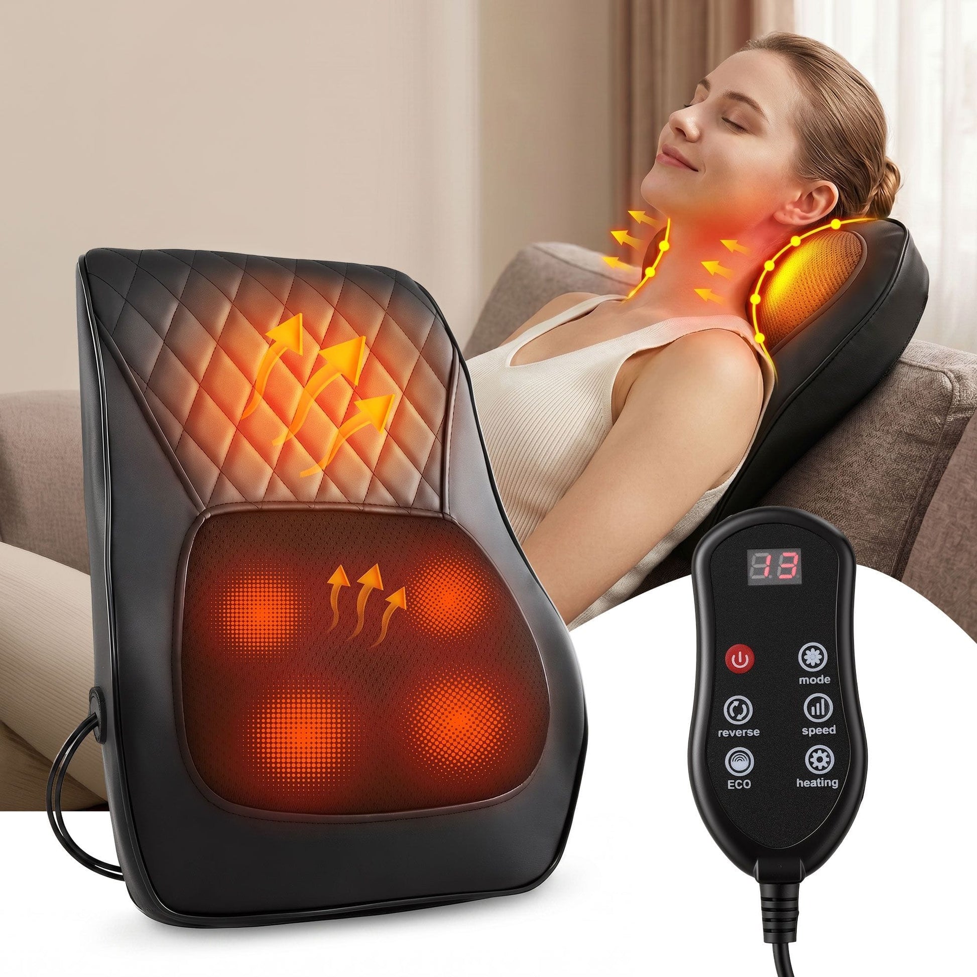 Alona.com.au Health & Beauty > Massage & Relaxation > Massagers Livemor Back Massager with Heat and Traction, Neck and Shoulder Massage Pillow, Ergonomic Backrest for Office Chair & Sofa, Lumbar Support Cushion with 2-Level Thermal Relief, 6 Modes for Cervical & Full Body Pain Relief, Large