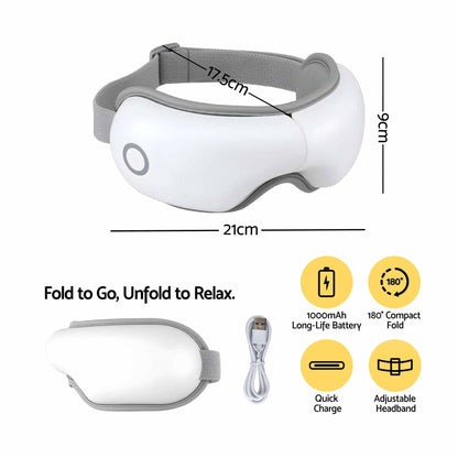 Alona.com.au Health & Beauty > Massage & Relaxation > Massagers Livemor Eye Massager with Heat & Vibration | 180° Foldable Electric Eye Heat Mask with Bluetooth Music for Fatigue Relief | Rechargeable 3D Wrap-Around Temple Massager, White