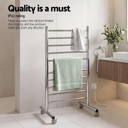Alona.com.au Home & Garden > Bathroom Accessories > Towel Racks & Holders Devanti 10-Bar Freestanding Heated Towel Rail 3-5 Mins Fast Heating Electric Towel Warmer for Bathroom Winter Drying Stainless Steel Plug In 100W