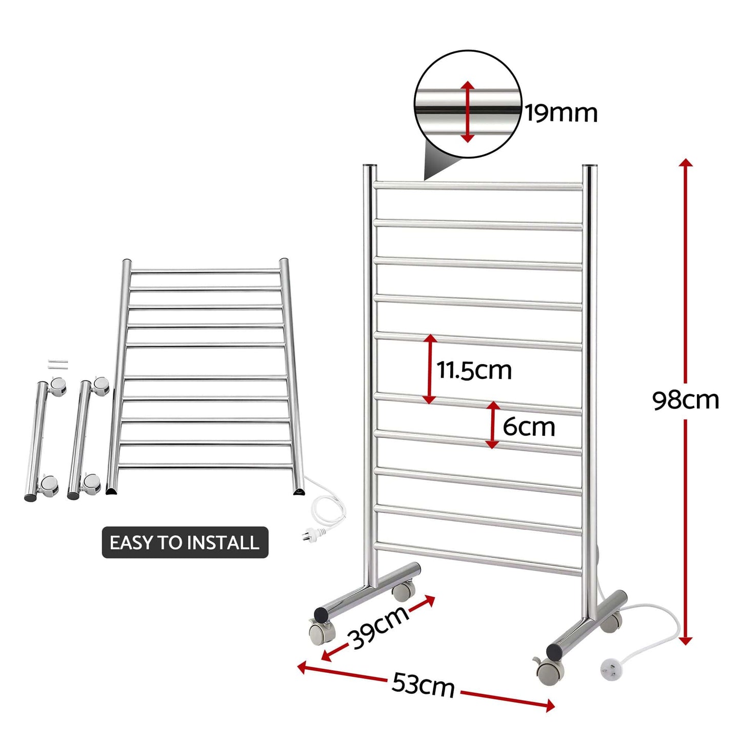 Alona.com.au Home & Garden > Bathroom Accessories > Towel Racks & Holders Devanti 10-Bar Freestanding Heated Towel Rail 3-5 Mins Fast Heating Electric Towel Warmer for Bathroom Winter Drying Stainless Steel Plug In 100W