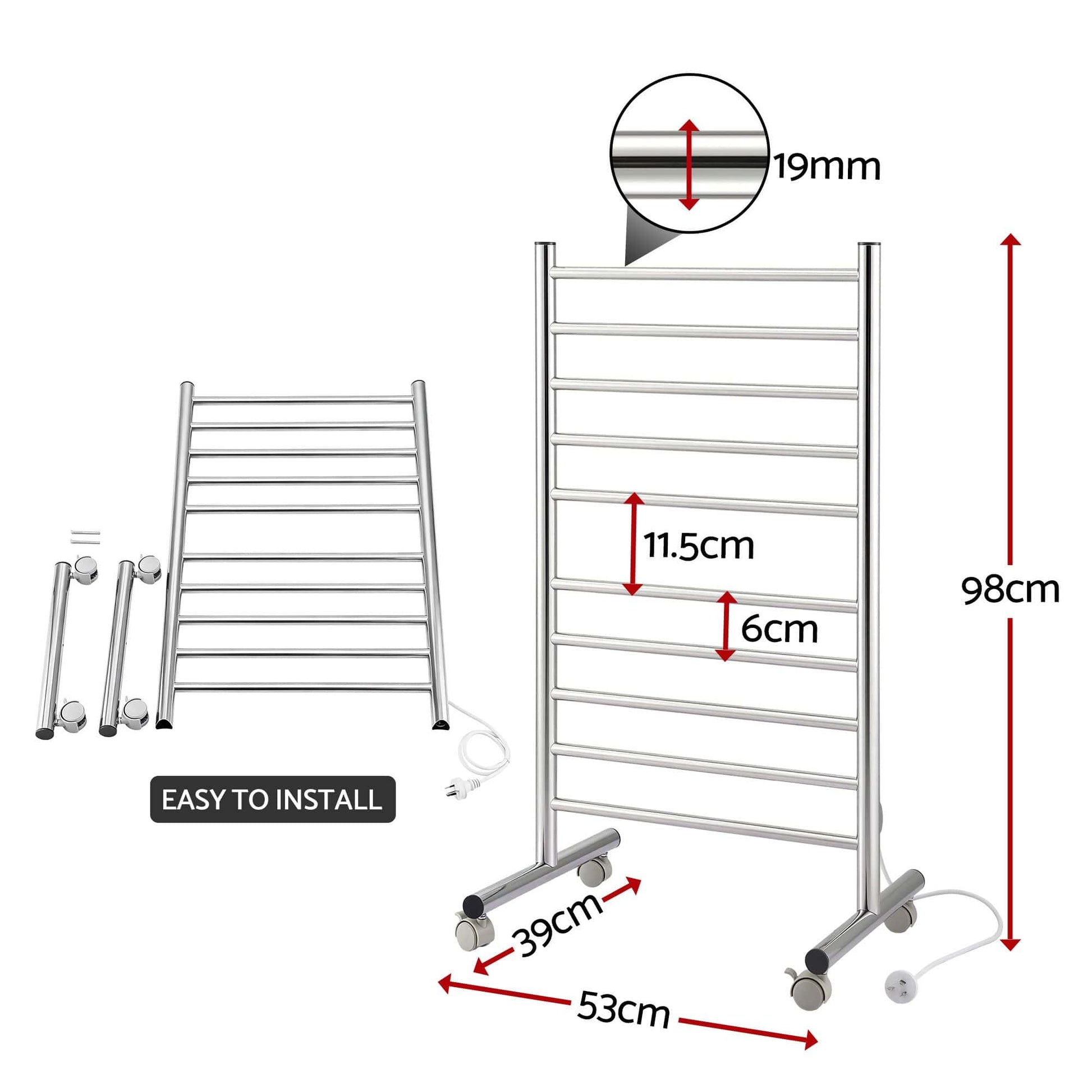 Alona.com.au Home & Garden > Bathroom Accessories > Towel Racks & Holders Devanti 10-Bar Freestanding Heated Towel Rail 3-5 Mins Fast Heating Electric Towel Warmer for Bathroom Winter Drying Stainless Steel Plug In 100W