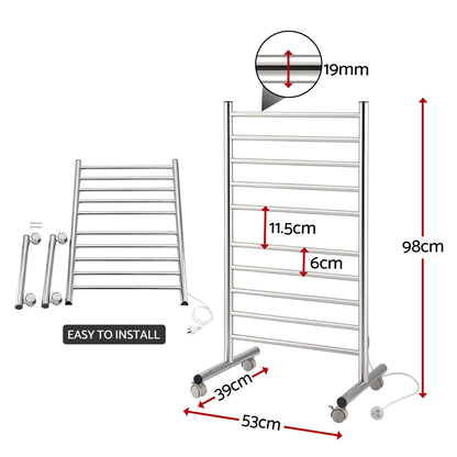 Alona.com.au Home & Garden > Bathroom Accessories > Towel Racks & Holders Devanti 10-Bar Freestanding Heated Towel Rail 3-5 Mins Fast Heating Electric Towel Warmer for Bathroom Winter Drying Stainless Steel Plug In 100W
