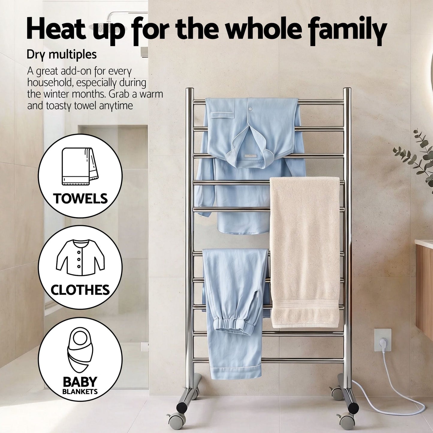 Alona.com.au Home & Garden > Bathroom Accessories > Towel Racks & Holders Devanti 10-Bar Freestanding Heated Towel Rail 3-5 Mins Fast Heating Electric Towel Warmer for Bathroom Winter Drying Stainless Steel Plug In 100W