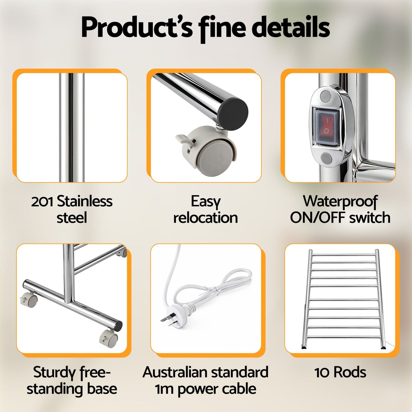 Alona.com.au Home & Garden > Bathroom Accessories > Towel Racks & Holders Devanti 10-Bar Freestanding Heated Towel Rail 3-5 Mins Fast Heating Electric Towel Warmer for Bathroom Winter Drying Stainless Steel Plug In 100W