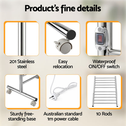 Alona.com.au Home & Garden > Bathroom Accessories > Towel Racks & Holders Devanti 10-Bar Freestanding Heated Towel Rail 3-5 Mins Fast Heating Electric Towel Warmer for Bathroom Winter Drying Stainless Steel Plug In 100W