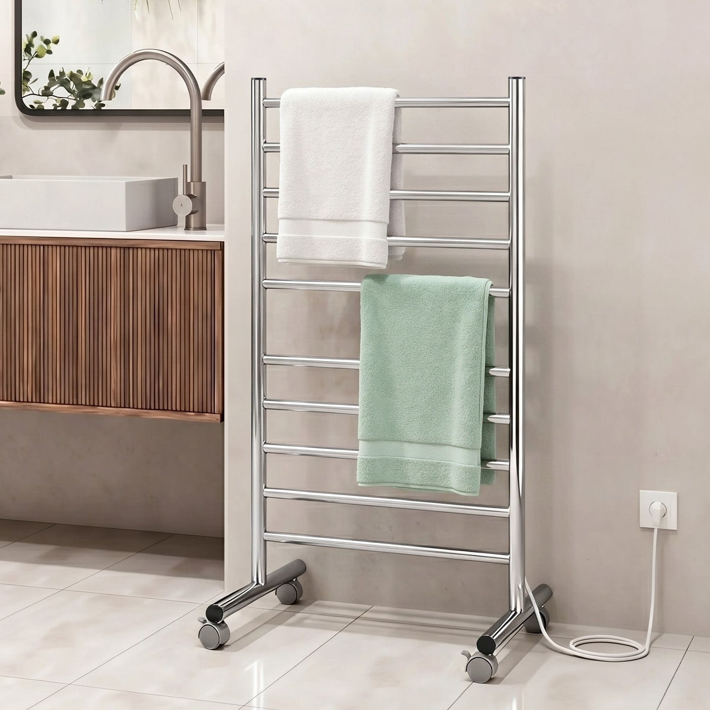 Alona.com.au Home & Garden > Bathroom Accessories > Towel Racks & Holders Devanti 10-Bar Freestanding Heated Towel Rail 3-5 Mins Fast Heating Electric Towel Warmer for Bathroom Winter Drying Stainless Steel Plug In 100W