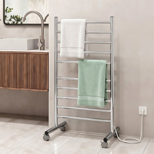 Alona.com.au Home & Garden > Bathroom Accessories > Towel Racks & Holders Devanti 10-Bar Freestanding Heated Towel Rail 3-5 Mins Fast Heating Electric Towel Warmer for Bathroom Winter Drying Stainless Steel Plug In 100W
