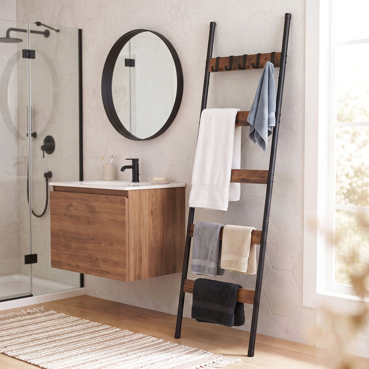 Alona.com.au Home & Garden > Bathroom Accessories > Towel Racks & Holders Devanti 5-Tier Blanket Ladder with Anti-Tip Kit, Towel Rack for Bathroom, Quilt Rack with 5 Hooks for Clothes and Bags, Black Metal and Rustic Wood Leaning Ladder Shelf, 44x160cm