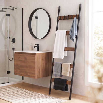 Alona.com.au Home & Garden > Bathroom Accessories > Towel Racks & Holders Devanti 5-Tier Blanket Ladder with Anti-Tip Kit, Towel Rack for Bathroom, Quilt Rack with 5 Hooks for Clothes and Bags, Black Metal and Rustic Wood Leaning Ladder Shelf, 44x160cm