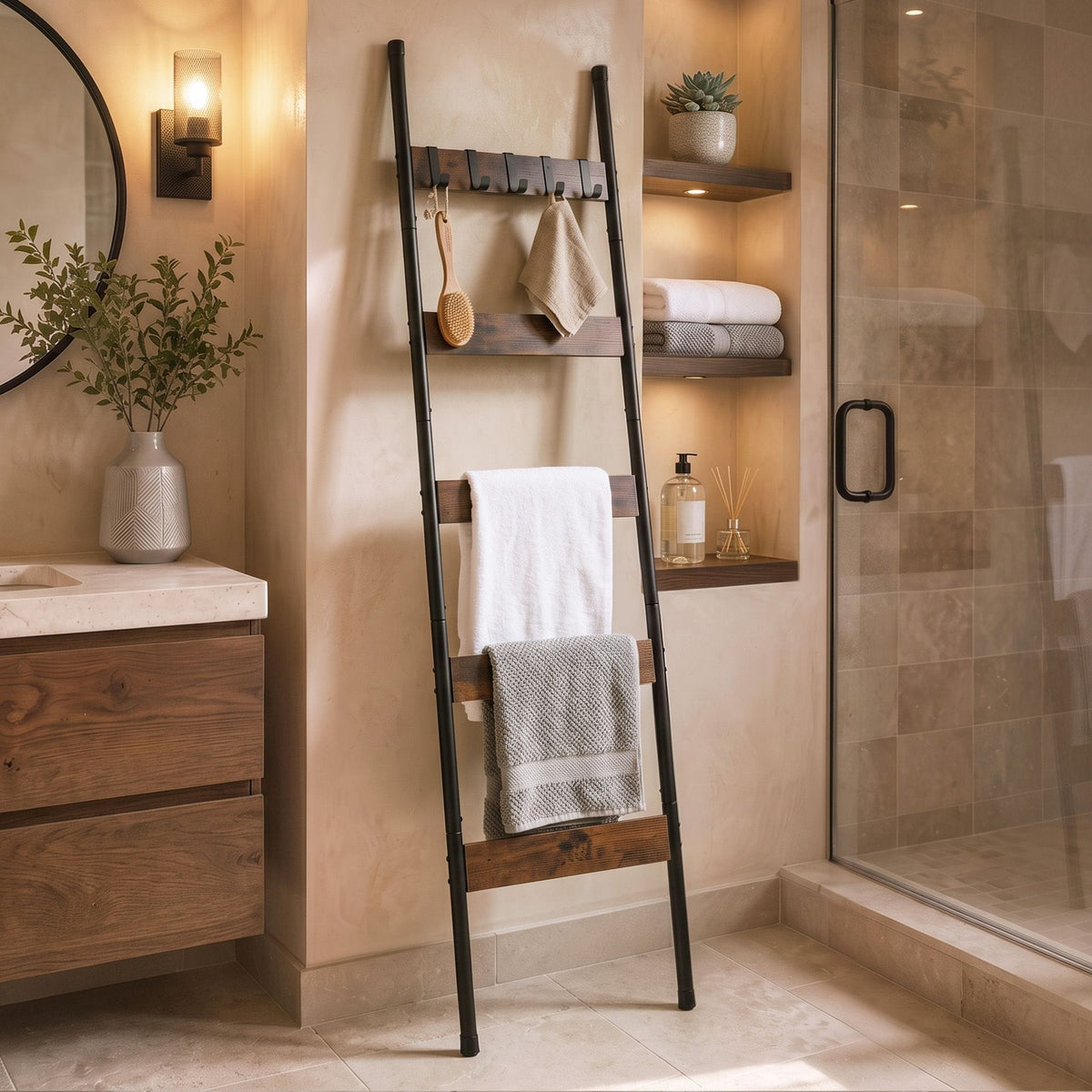 Alona.com.au Home & Garden > Bathroom Accessories > Towel Racks & Holders Devanti 5-Tier Blanket Ladder with Anti-Tip Kit, Towel Rack for Bathroom, Quilt Rack with 5 Hooks for Clothes and Bags, Black Metal and Rustic Wood Leaning Ladder Shelf, 44x160cm