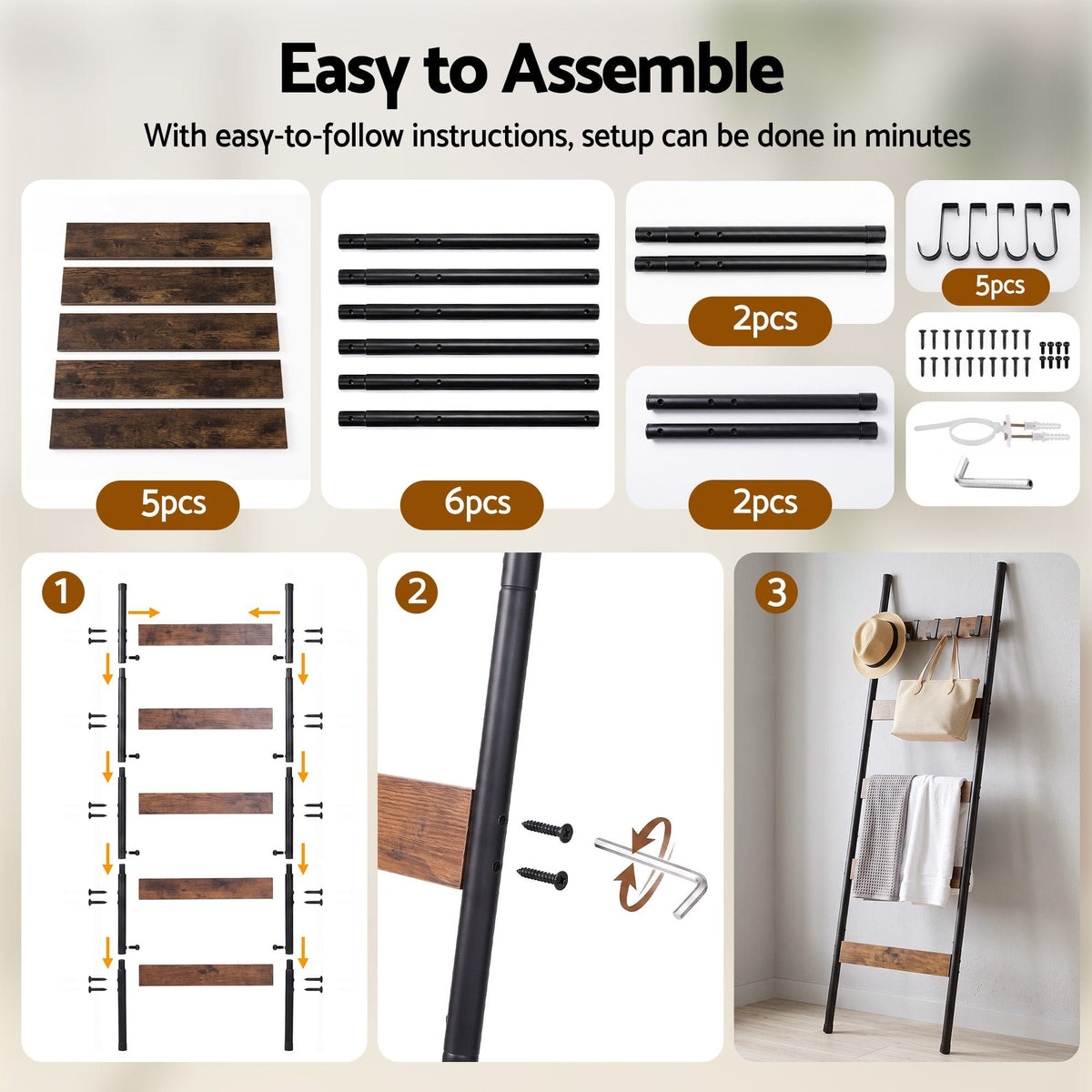 Alona.com.au Home & Garden > Bathroom Accessories > Towel Racks & Holders Devanti 5-Tier Blanket Ladder with Anti-Tip Kit, Towel Rack for Bathroom, Quilt Rack with 5 Hooks for Clothes and Bags, Black Metal and Rustic Wood Leaning Ladder Shelf, 44x160cm