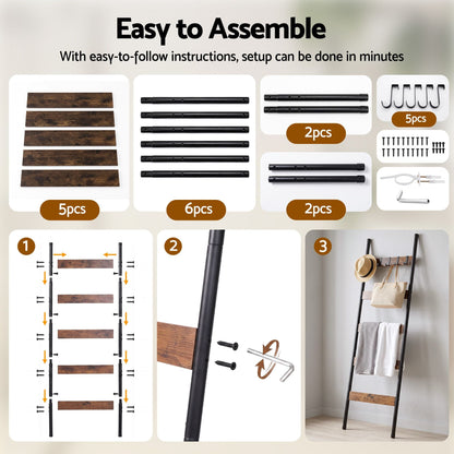 Alona.com.au Home & Garden > Bathroom Accessories > Towel Racks & Holders Devanti 5-Tier Blanket Ladder with Anti-Tip Kit, Towel Rack for Bathroom, Quilt Rack with 5 Hooks for Clothes and Bags, Black Metal and Rustic Wood Leaning Ladder Shelf, 44x160cm