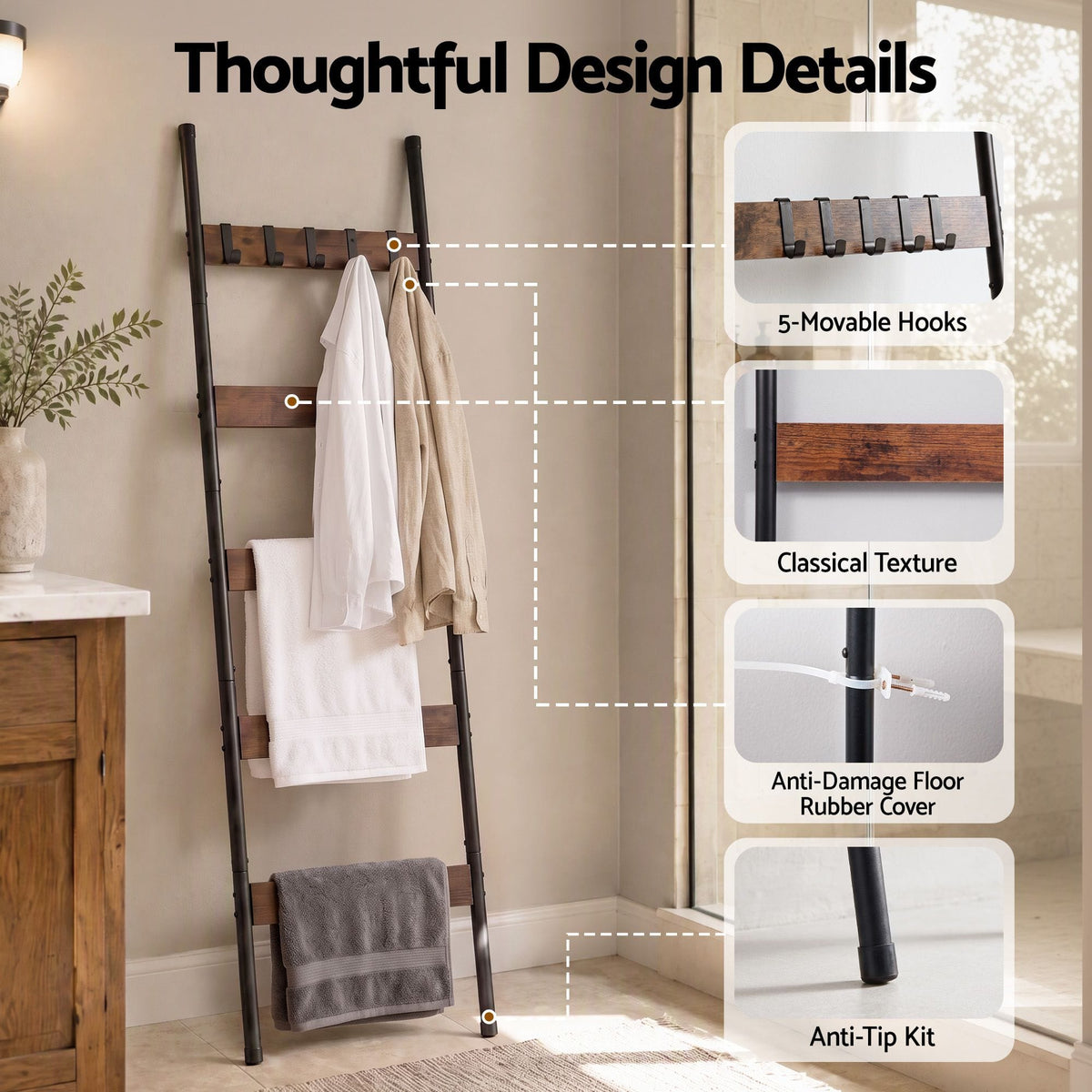 Alona.com.au Home & Garden > Bathroom Accessories > Towel Racks & Holders Devanti 5-Tier Blanket Ladder with Anti-Tip Kit, Towel Rack for Bathroom, Quilt Rack with 5 Hooks for Clothes and Bags, Black Metal and Rustic Wood Leaning Ladder Shelf, 44x160cm