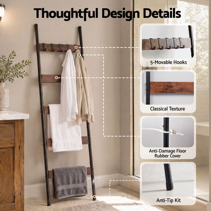 Alona.com.au Home & Garden > Bathroom Accessories > Towel Racks & Holders Devanti 5-Tier Blanket Ladder with Anti-Tip Kit, Towel Rack for Bathroom, Quilt Rack with 5 Hooks for Clothes and Bags, Black Metal and Rustic Wood Leaning Ladder Shelf, 44x160cm