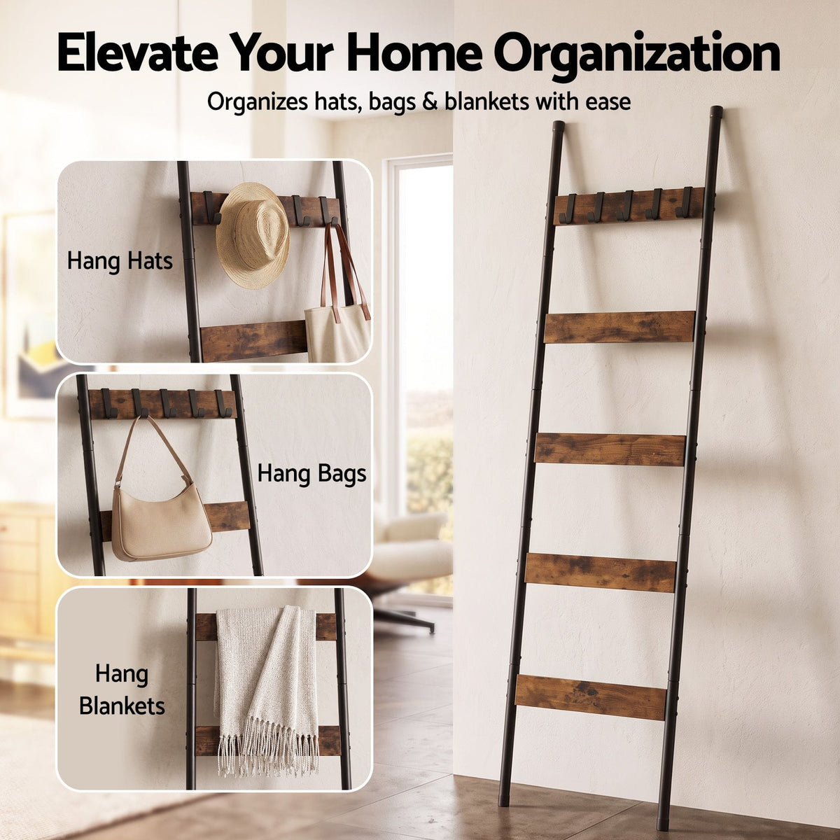Alona.com.au Home & Garden > Bathroom Accessories > Towel Racks & Holders Devanti 5-Tier Blanket Ladder with Anti-Tip Kit, Towel Rack for Bathroom, Quilt Rack with 5 Hooks for Clothes and Bags, Black Metal and Rustic Wood Leaning Ladder Shelf, 44x160cm