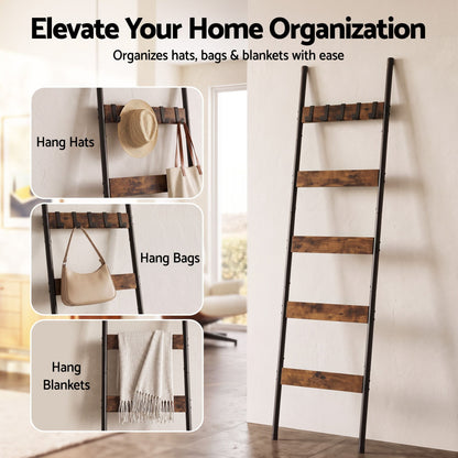 Alona.com.au Home & Garden > Bathroom Accessories > Towel Racks & Holders Devanti 5-Tier Blanket Ladder with Anti-Tip Kit, Towel Rack for Bathroom, Quilt Rack with 5 Hooks for Clothes and Bags, Black Metal and Rustic Wood Leaning Ladder Shelf, 44x160cm