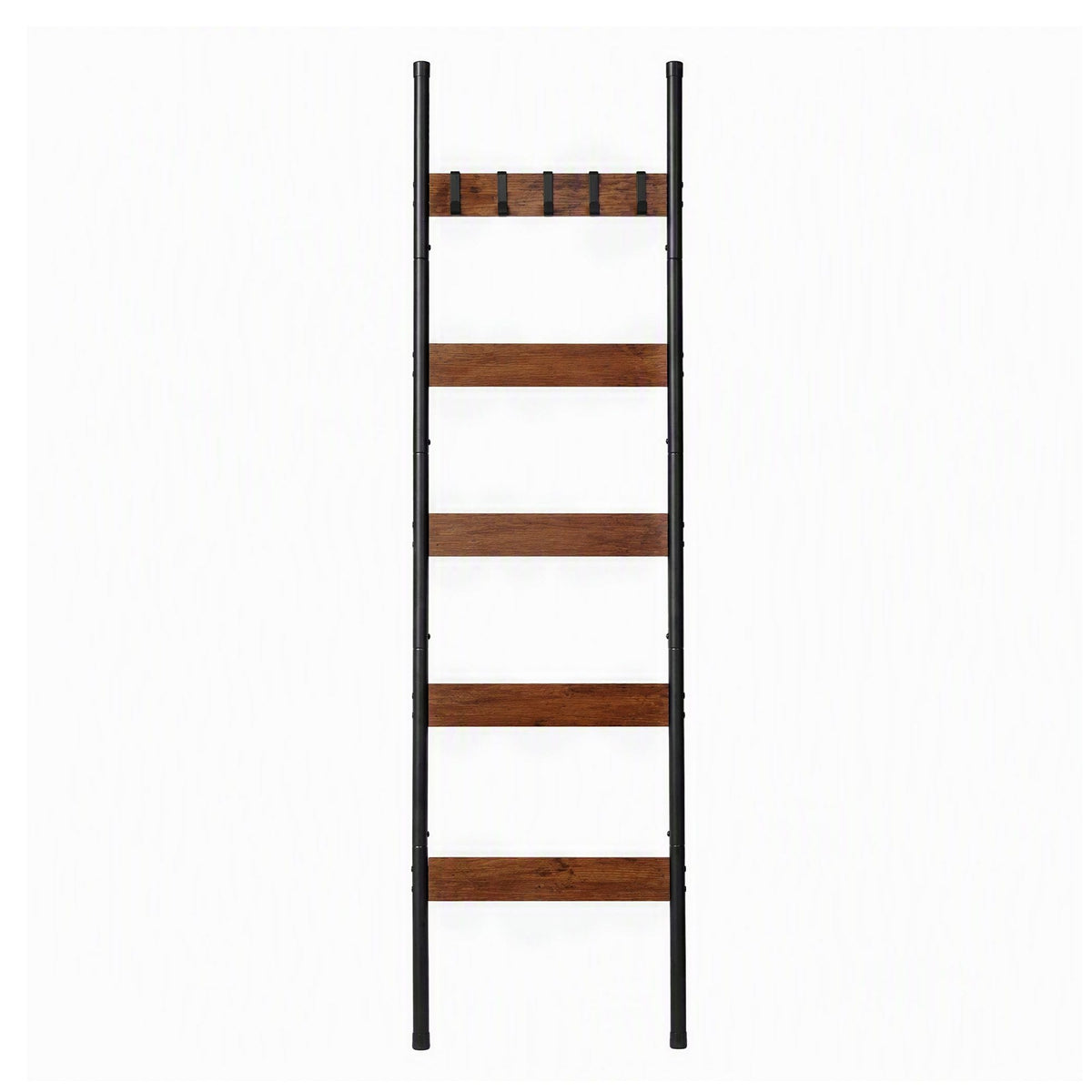 Alona.com.au Home & Garden > Bathroom Accessories > Towel Racks & Holders Devanti 5-Tier Blanket Ladder with Anti-Tip Kit, Towel Rack for Bathroom, Quilt Rack with 5 Hooks for Clothes and Bags, Black Metal and Rustic Wood Leaning Ladder Shelf, 44x160cm