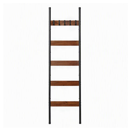 Alona.com.au Home & Garden > Bathroom Accessories > Towel Racks & Holders Devanti 5-Tier Blanket Ladder with Anti-Tip Kit, Towel Rack for Bathroom, Quilt Rack with 5 Hooks for Clothes and Bags, Black Metal and Rustic Wood Leaning Ladder Shelf, 44x160cm