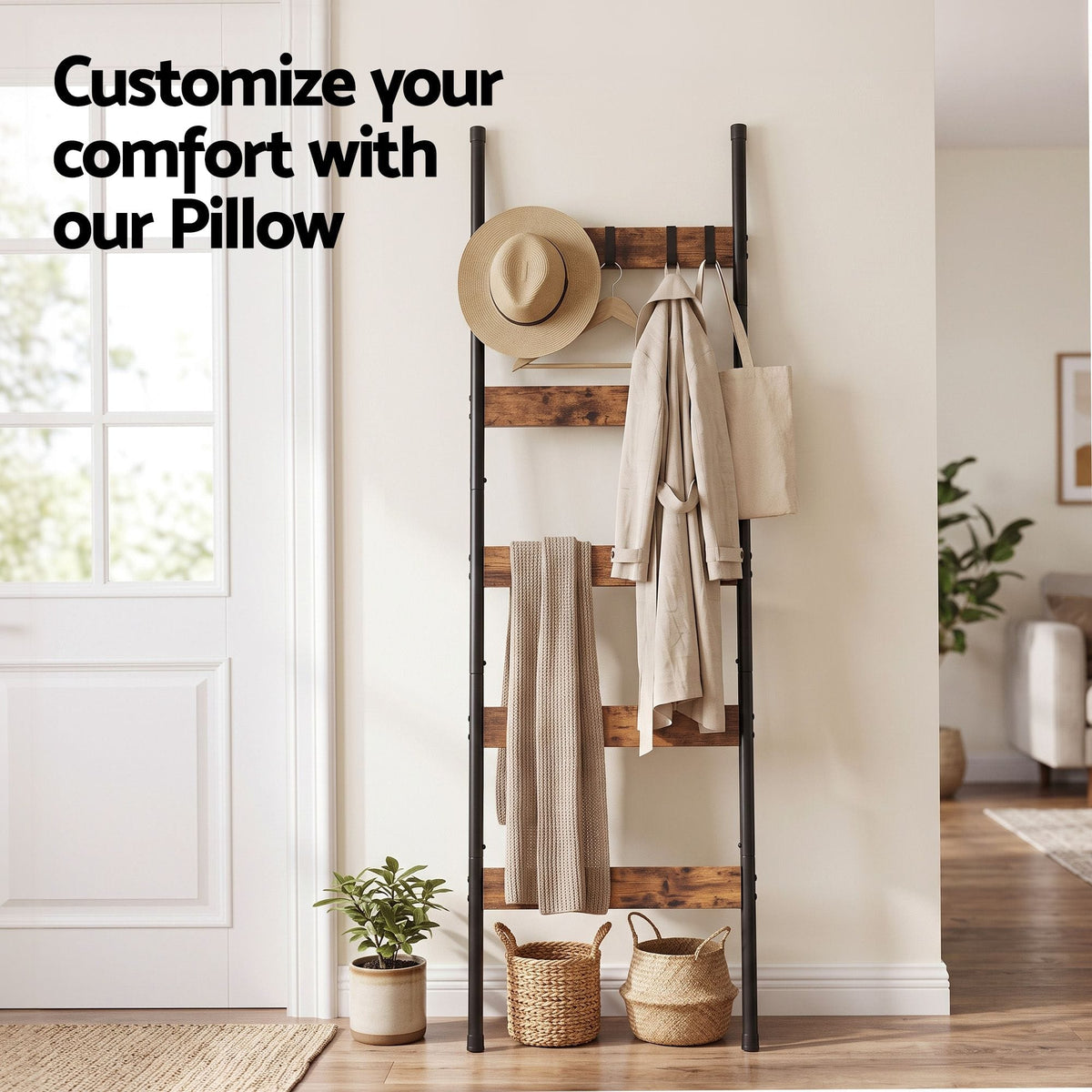 Alona.com.au Home & Garden > Bathroom Accessories > Towel Racks & Holders Devanti 5-Tier Blanket Ladder with Anti-Tip Kit, Towel Rack for Bathroom, Quilt Rack with 5 Hooks for Clothes and Bags, Black Metal and Rustic Wood Leaning Ladder Shelf, 44x160cm